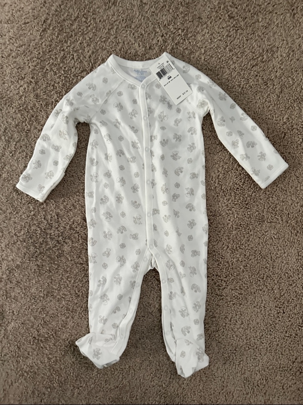 NWT Polo Ralph Lauren White & Gray Baby One-Piece Footed Pajamas 6m